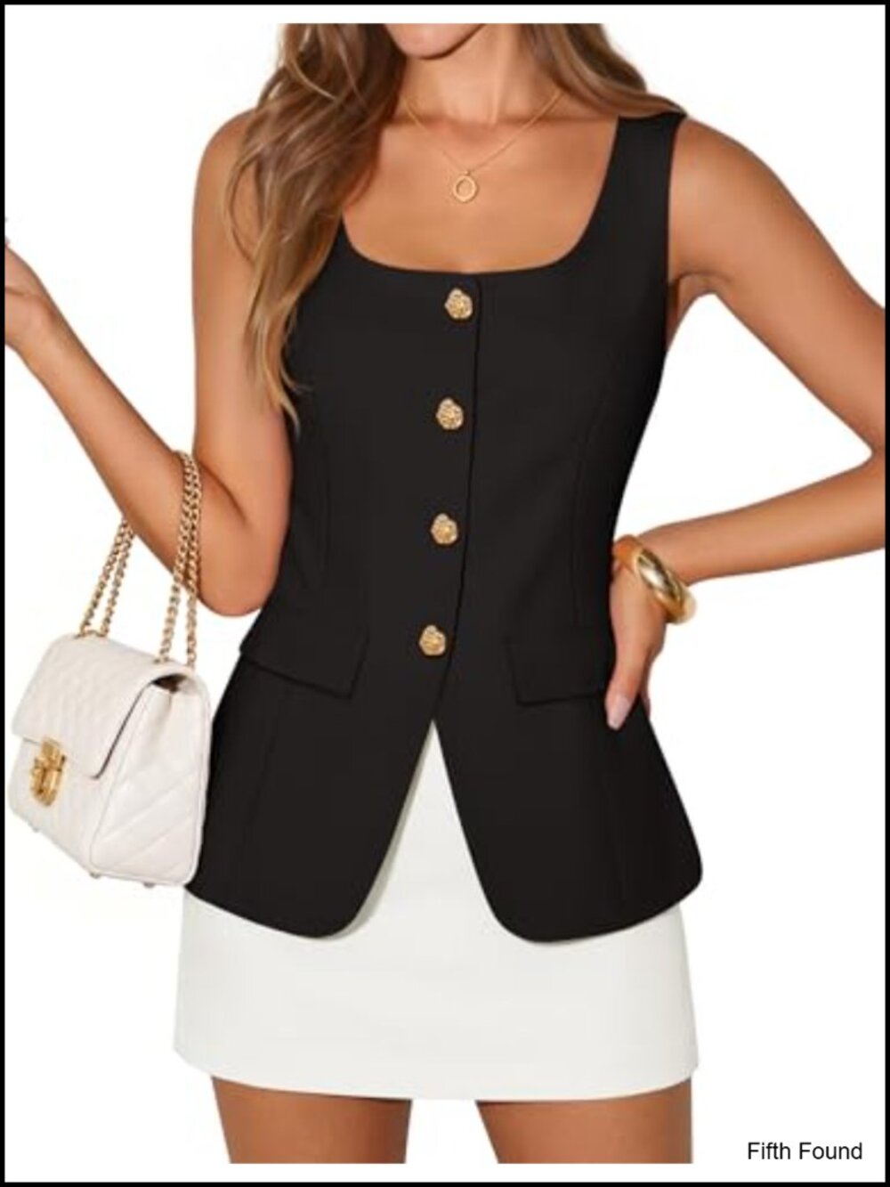 Sleeveless Blazer Vest Square Neck Button Open Front Loose Fit Business Casual